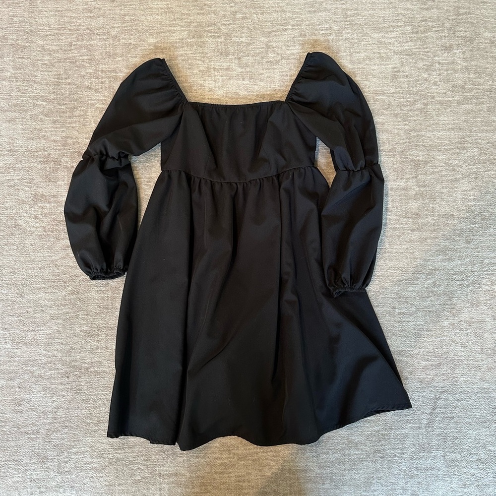 Black Square Neck Puff Sleeve Mini Babydoll Dress